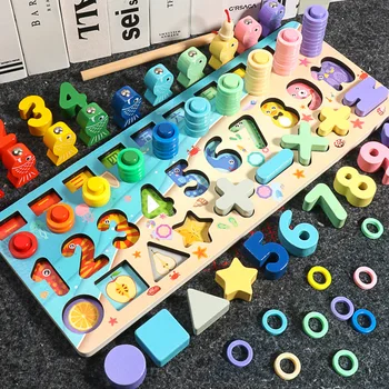 Забавни дървени пъзели Монтесори, богат на функции математическа дъска, детето се учи да брои броя, на съответните геометрични фигурам, играчки за подарък