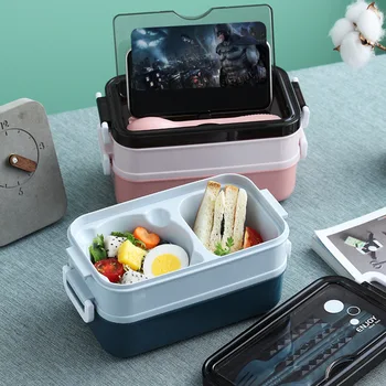 Нова обяд-бокс Bento Box за един студент, офис служител, двуслойни контейнер за обеди с подгряване в микровълнова фурна, контейнер за съхранение на храна
