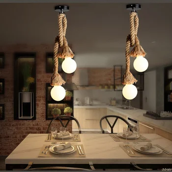 Натурален въженият лампа от ратан, окачена лампа в азиатски стил, ретро висящи лампи, лампа Едисон, интериор за дневната, полилей