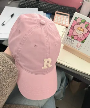 Висококачествено бяло и розово бейзболна шапка, дамски корея розова шапка с пудра, градинска дрехи с бродерия буква R, шапка-кошница Homme