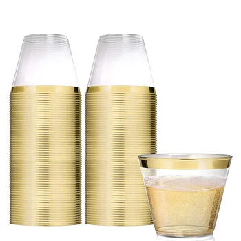 50 златни опаковки пластмасови чаши - 9 грама, пластмасови чаши за еднократна употреба в златна рамка на партита, тържества, сватби и други мероприятия