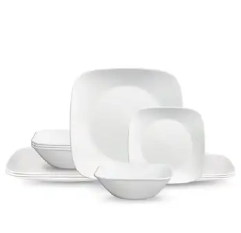 Corelle® - класически комплект за трапезария съдове квадратна форма, чисто бял цвят от 12 теми