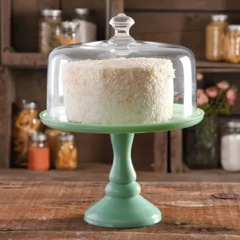 Красива 10-инчов поставка за торта със стъклен капак, мятно-зелен