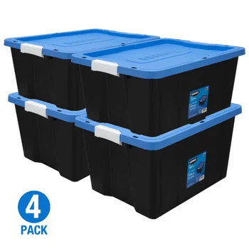 Тежкотоварни Пластмасова кутия за съхранение на HART - 17 Литра с Капаче, Черна основа / Син капак, Комплект от 4 кутии за съхранение, кутия за съхранение