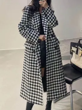 Корейското модно дамско дълго палто, вълнена в клетката, есен-зима, ежедневни свободна елегантно яке в клетката, луксозно дамско палто винтажное