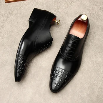 Мъжки черни модела обувки луксозни от естествена кожа с модерен модел 
