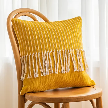 Калъф за диванной възглавнички с пискюли, калъфи за възглавници впечатлява със своя бохемски стил, жълта кофейно-бежовата калъфка в ивицата 45x45 см, украса за дома, хол