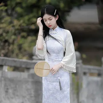 Винтажное китайското обличам Модерно ципао за жени, пролет-лято, синьо Чонсам със свободен ръкав, новост 2023 година