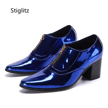 Мъжки обувки на висок ток 6 см, сини, червени, сребристи кожени обувки, обувки за сватба в бизнес стил, без закопчалка, луксозни мъжки обувки за комуникация