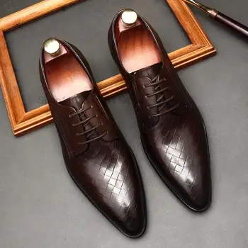 Луксозни мъжки oxfords от естествена кожа, елегантни офис обувки с остри пръсти, с високо качество, черни, вино-червено, дантела, мъжки бизнес модела обувки