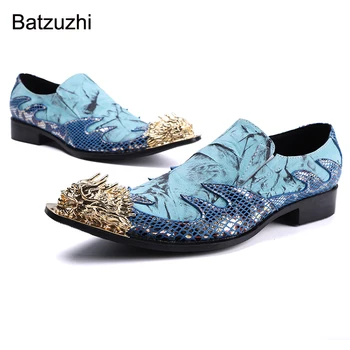 Batzuzhi/ модни мъжки обувки със златно метално бомбе, сини модела обувки от естествена кожа за мъже, вечерни и булчински обувки, US6-US12