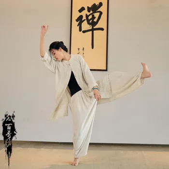 Памук лен женски комплект за йога, Тай-чи, бойни изкуства, китайска традиционна яке, hoody + панталони, всекидневни, определени за тренировки, медитация, пътуване