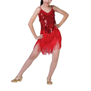 Рокля за латино танци за момичета от 4 до 13 години, танцови костюми с пайети, Румба, танго, V-образно деколте, джаз танцови на ремешках, състезателен костюм