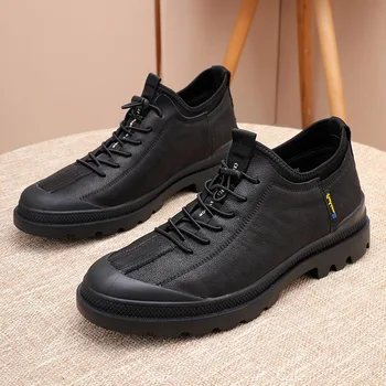 Мъжки ботильоны от естествена кожа, износостойкая ежедневни обувки на платформа с еластична лента, шиене в ретро стил, черни, кафяви M8001