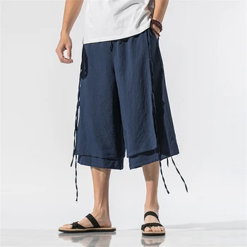 Летни ленени панталони с дължина до прасците, мъжки модни ежедневните свободни зреещи, мъжки панталони Harajuku, дизайн ленти, еластичен колан