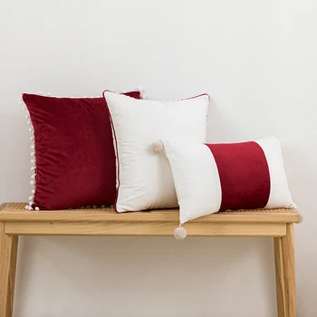 Скандинавските червено-бели калъфки за възглавници, декоративни кадифе обикновена калъфка за възглавница, лък, топчета за коса, цепене, четката, възглавници, обзавеждане за дома