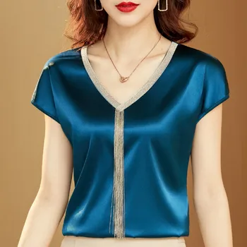 Лятна дамска риза, сатен синя блуза за жени, лоскутная риза с пискюли, дамски топ, блуза с V-образно деколте и ръкав 