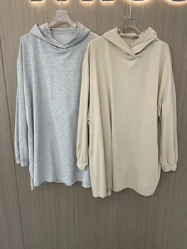Нова дамски дрехи за пролетта и лятото на 2023, монофонични дълъг пуловер с качулка, най-0320
