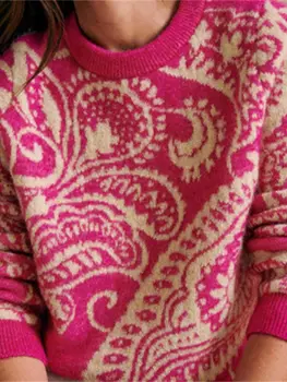 Пролетта жаккардовый пуловер Женски пуловер с кръгло деколте Ретро жаккардовый вязаный пуловер с дълъг ръкав женски