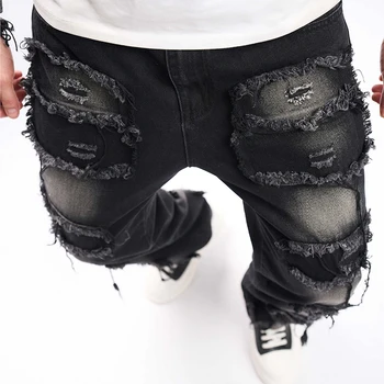 Мъжки черни дънки с набивкой, приталенные скъсани дънки, избити директни дънкови панталони Harajuku, хип-хоп брючная градинска облекло