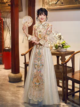 Китайското сватбена рокля, лъскави пайети цвят шампанско, Рокли, облекло за изпичане на булката, костюм от епохата на Тан, вечерни четката с мъниста, Ципао