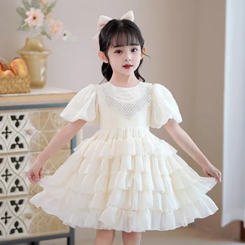 Многослойно рокля за малки момичета, лятна рокля на принцеса с перлата яка и къс ръкав за новородено, детски дрехи от 0 до 4 години