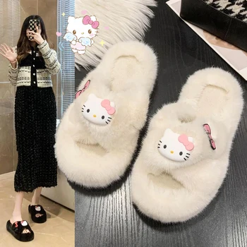 Дамски плюшени чехли Kawaii Sanrio Здравейте Кити сладки анимационни модел, ежедневни модни меки чехли на равна подметка, подарък за рожден ден