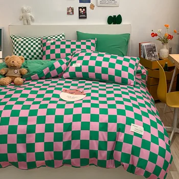 Зелено розово бельо в шахматна дъска модел от 100% памук, определени пододеяльников, Ins, клетчатое одеяло, плосък чаршаф, калъфка за възглавница, спално бельо 