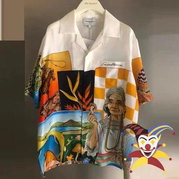 Оранжеви копринени ризи Казабланка-за мъже и жени, хавайски плажна риза с портрет принтом